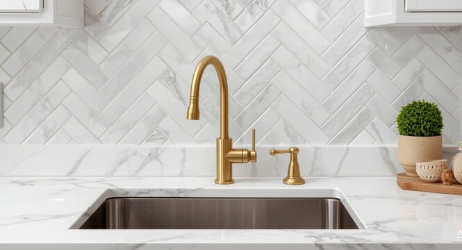 High end kitchen sink featuring gold faucet and white marble counter with herringbone tile backsplash and ample copyspace