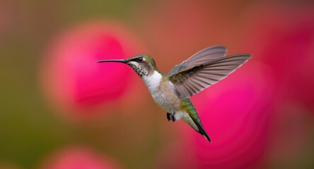 Fototapeta premium Flying male hummingbird with bright floral and vivid background