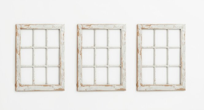 Set of three nostalgic window frames presented on a bright white background crafted for home decor ideas and creative design