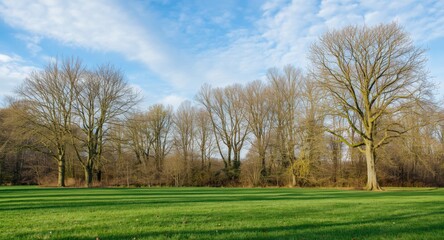 Gentle spring backdrop featuring a clean green lawn and wooded trees with pale blue clouds