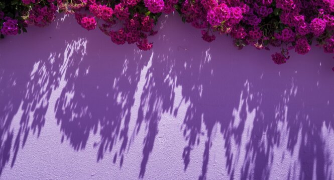 Purple wall decorated with vibrant violet flowers in bright daylight