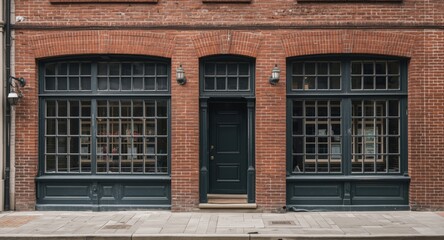 Obraz premium Facade of historic commercial building showcasing vintage brick and traditional windows
