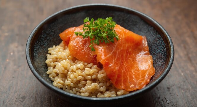 Gourmet Asian dish with moji barley rice, fermented bean curd, and smoked salmon