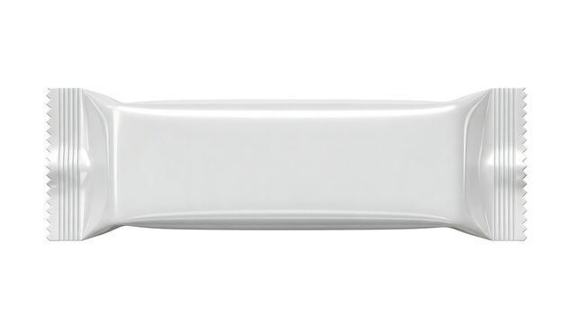 A white plastic wrapper for a candy bar on a white background