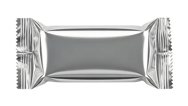 A shiny silver chocolate wrapper on a white background