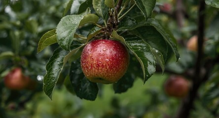Mature apples shining with moisture on orchard trees conveying richness in a prolific apple orchard during a rainy afternoon