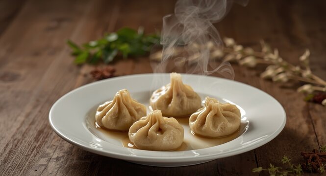 Plate holding five hot and flavorful khinkali with rich fragrance