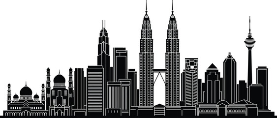 Obraz premium Kuala Lumpur skyline silhouette featuring Petronas Twin Towers and iconic landmarks, urban cityscape architecture collection isolated on white background for travel and design use