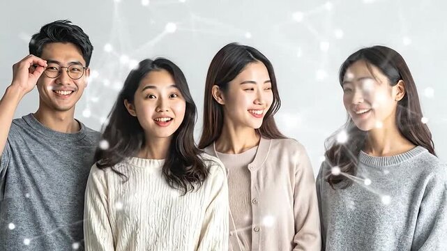 Group of diverse young adults smiling with a digital network overlay