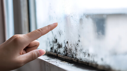 Human hand points to black mold growth and condensation on humid window pane, showing potential health hazard and home maintenance issue, close-up view