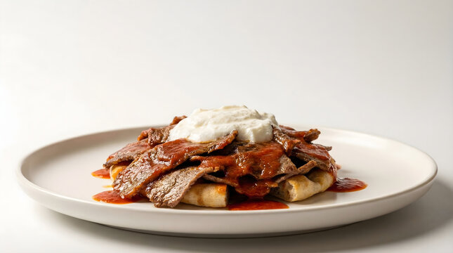 Traditional Turkish Iskender kebab with doner meat tomato sauce and yogurt on white plate