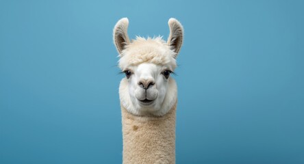 Fototapeta premium Delightful cartoon alpaca head against flat blue backdrop