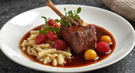Pan roasted venison fillet accompanied by light spatzle and fresh seasonal fruits bathed in red wine and chocolate sauce on sleek porcelain plate