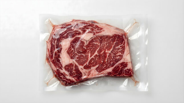 Vacuum packed raw premium marbled beef ribeye steak isolated on white background