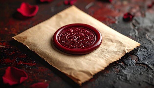 Crimson Red Wax Seal Impression with Ornate Floral Embossment on Textured Paper
