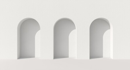 Fototapeta premium Minimalist structure displaying three arched openings with textured white wall and shadow depth alongside copy space