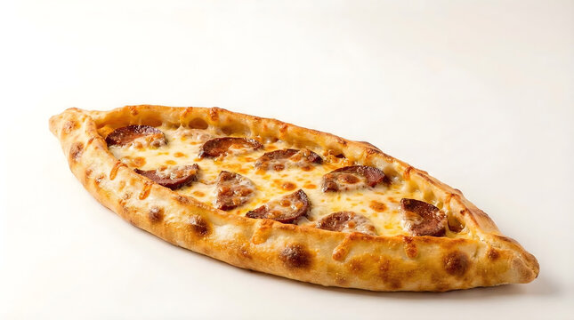 Turkish pide boat shaped flatbread with cheese and sucuk sausage isolated on white background