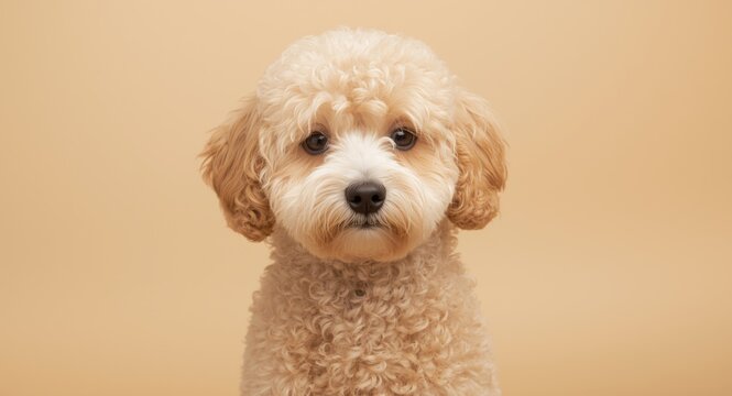 Lively curly Maltese poodle hybrid dog in full frame with beige backdrop studio photo