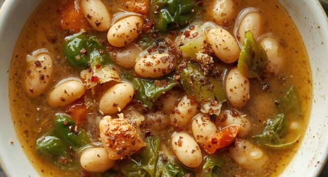 Homemade escarole and white bean soup with a sprinkle of spices in a bowl