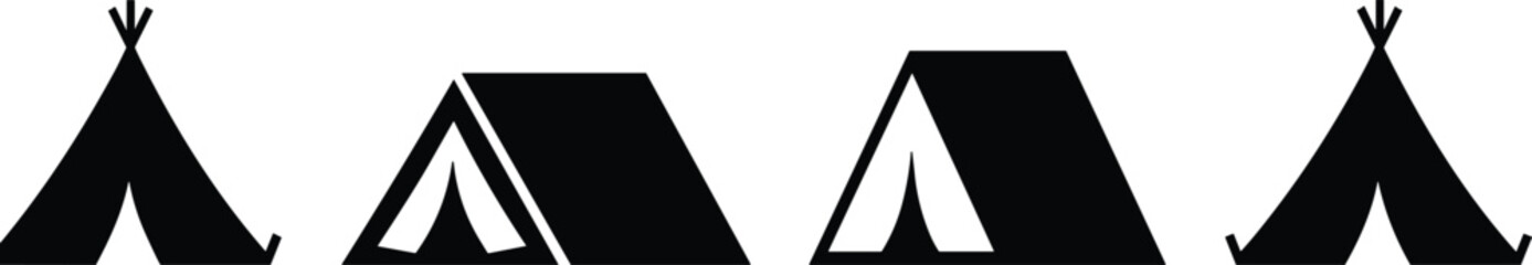 Set of camping tent silhouettes teepee and outdoor shelter icons isolated black camping equipment adventure travel design collection vector © lokman