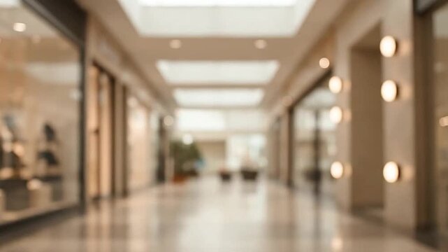 Abstract blurred background of a modern shopping mall interior corridor.