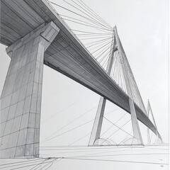 Obraz premium Low angle architectural sketch of a cable-stayed bridge with concrete pillars against a pale sky backdrop