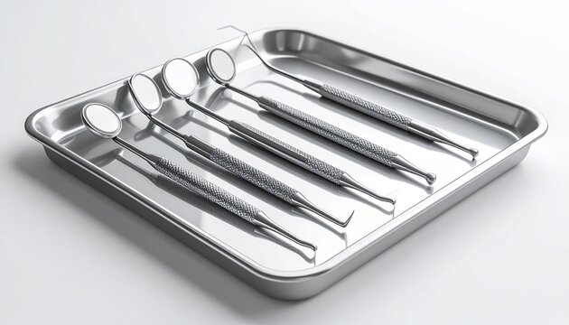 A Gleaming Row of Dental Instruments Arranged Neatly on a Metal Tray for Oral Examination and Treatment