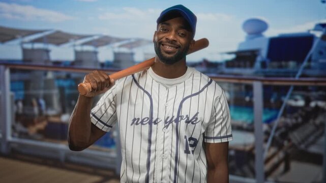 Young man holding baseball bat on shoulder aboard cruise ship deck wearing striped jersey and cap; confidence leisure.