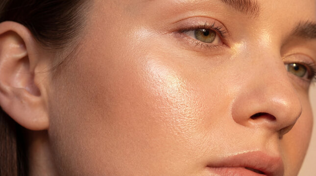 Close up portrait of a womans face glowing with natural light and healthy skin