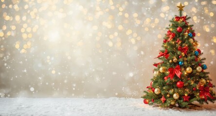 Obraz premium Merry festive wishes displayed with Christmas tree embellishments and copy space