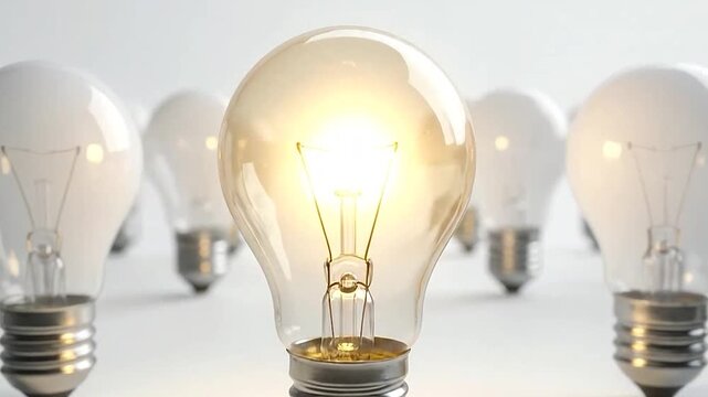 A single glowing light bulb stands out among many unlit bulbs