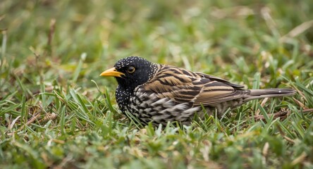 Fototapeta premium Common starling resting in grass under seasonal environmental change