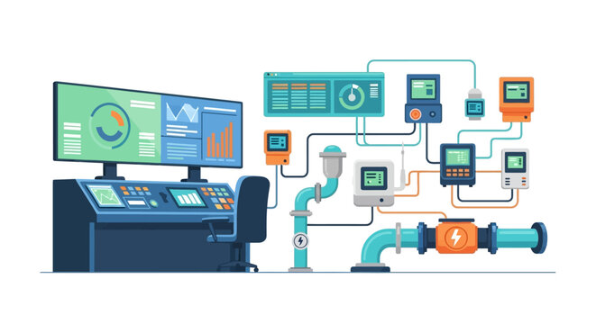 Industrial Process Control System and Data Monitoring Dashboard. Smart Factory Automation, IoT Technology & Manufacturing Analytics.
