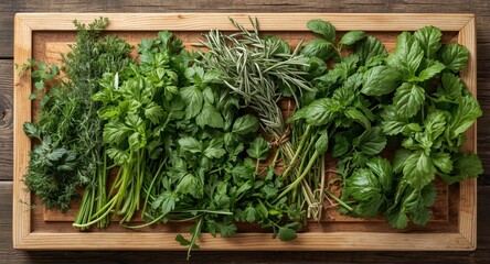 Fototapeta premium Fresh herb assortment arranged on a rustic wooden board border