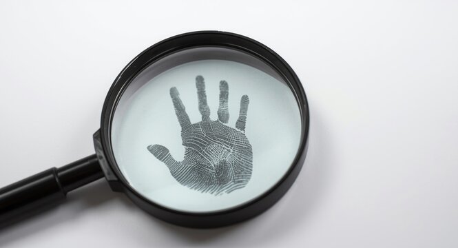 Close up of a magnifying glass focusing on palm print details on table surface