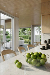 Bright modern kitchen interior with marble countertop, bowl of fresh limes and large windows overlooking garden. Contemporary open space design with natural light and minimalist style. © Alexuans