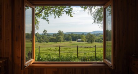 Relaxing rural view through open wooden window frames blending indoor space with peaceful nature ©  AugmentArt