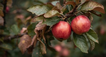 Obraz premium Late fall red apples hanging from seasoned tree branches