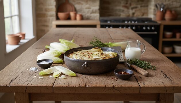 Braised Belgian endives in rustic bowl on farmhouse table