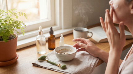 Fototapeta premium Woman applying skincare products on face beside serene window beauty ritual