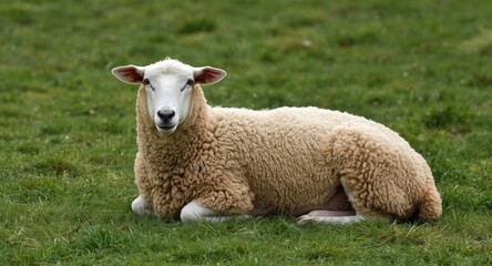 Fototapeta premium relaxed purebred sheep lying in soft farm grass
