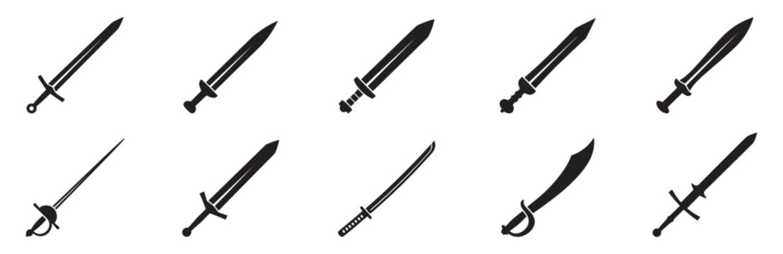 Swords icon set. Medieval sword and blade icons set ancient cold weapon silhouettes. Vector Illustration. 