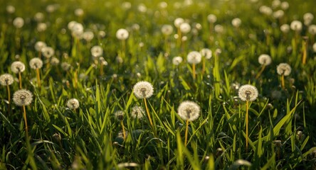 Playful dandelion seeds glowing in warm sunlight over a dense green summer lawn with open copy space