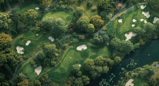 Birds eye oil depiction of a golf course highlighting various holes and connecting trails