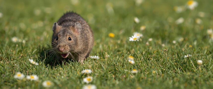 Joyful pet rat snuffling through green grass lawn dotted with chamomile and wildflowers on summer day