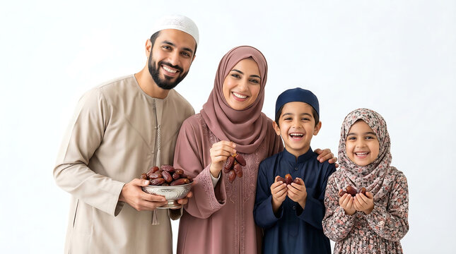 Happy Muslim Family Holding Dates, Celebrating Ramadan and Islamic Traditions