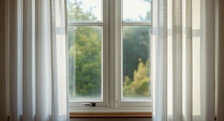 Obraz premium Restful natural scene outside window bordered by light and airy curtains