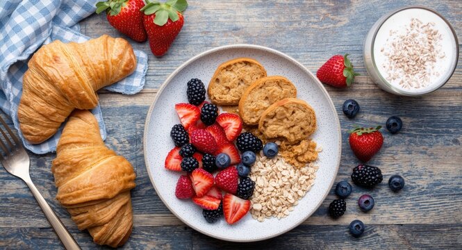 Healthy morning meal with croissants soy milk oatmeal mulberries and bread on textured wood surface