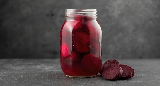 Homemade fermented kvass featuring jar with beet slices