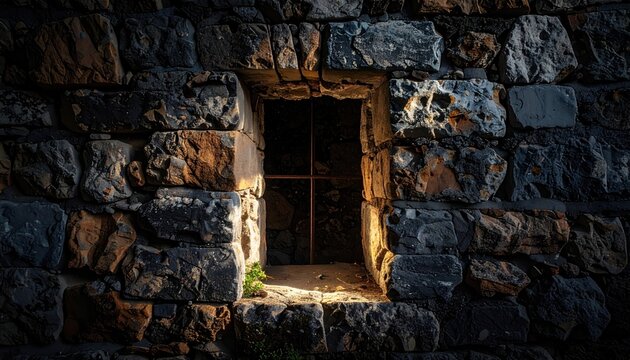 Ancient Rough Stone Wall with a Shadowy Recess and Grated Opening